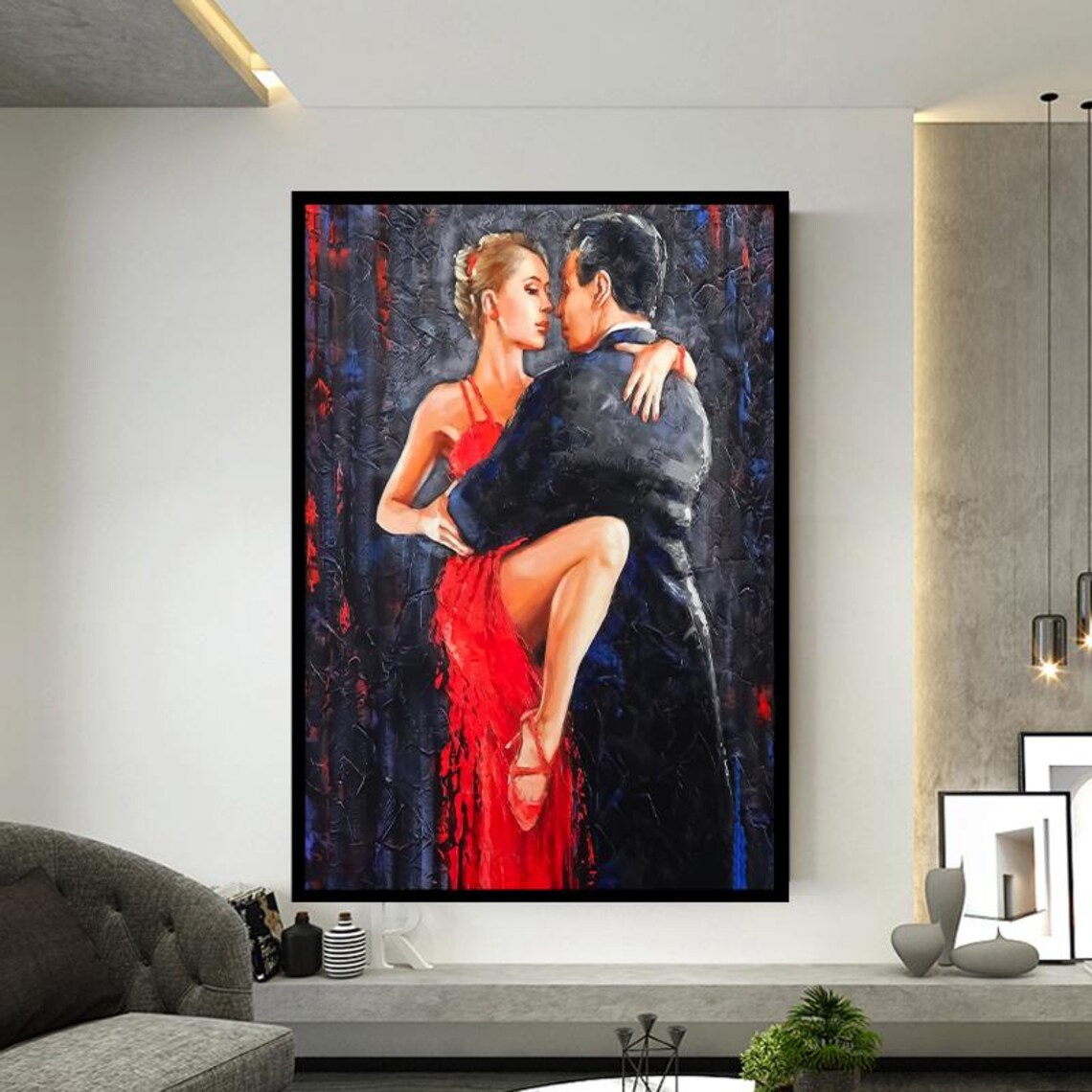 Passionate Tango Lift in Flowing Red Gown Romantic Dance Art Poster