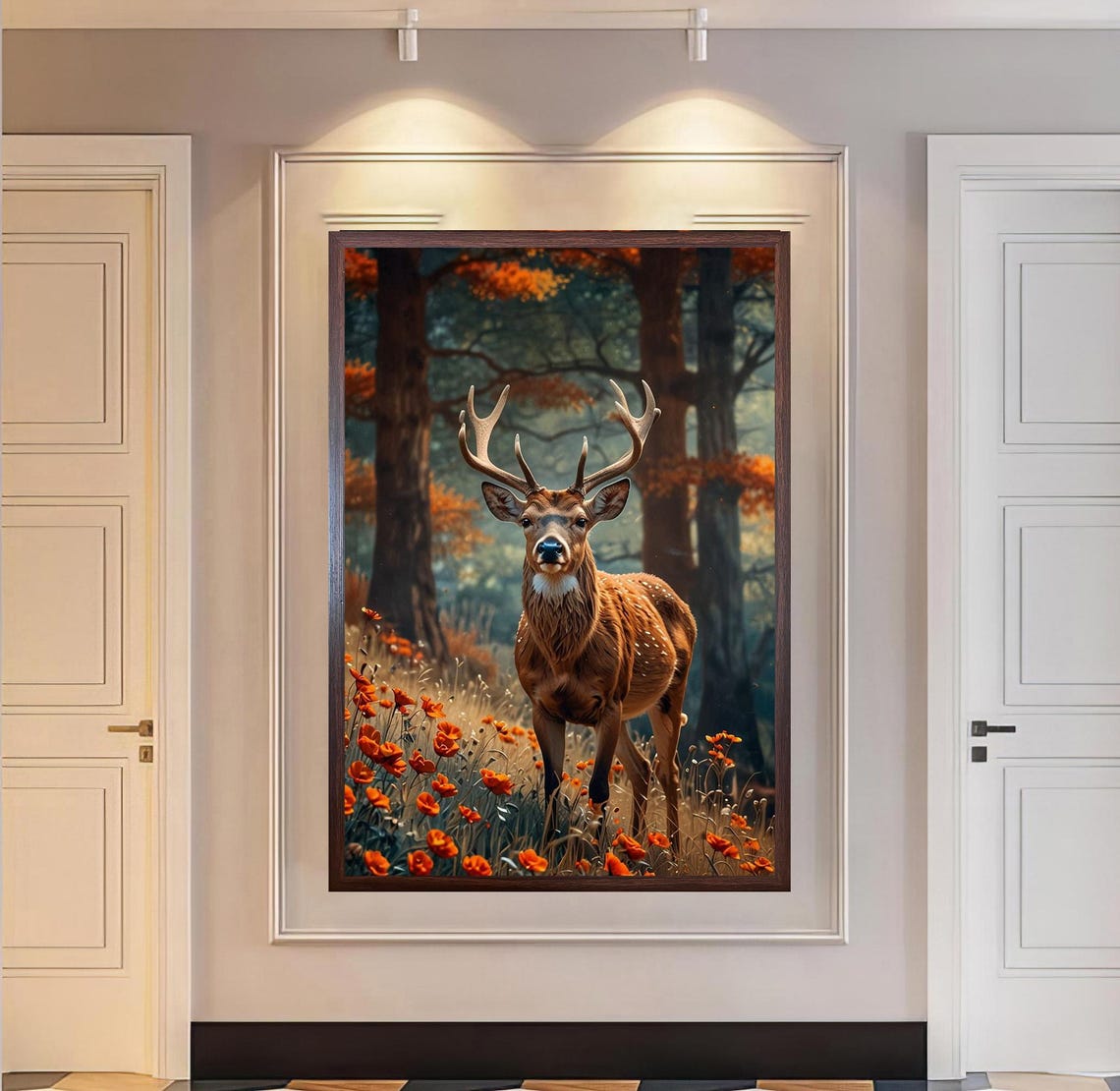 Spotted Deer Standing In Autumn Forest Meadow Poppy Flowers Poster - Image 5