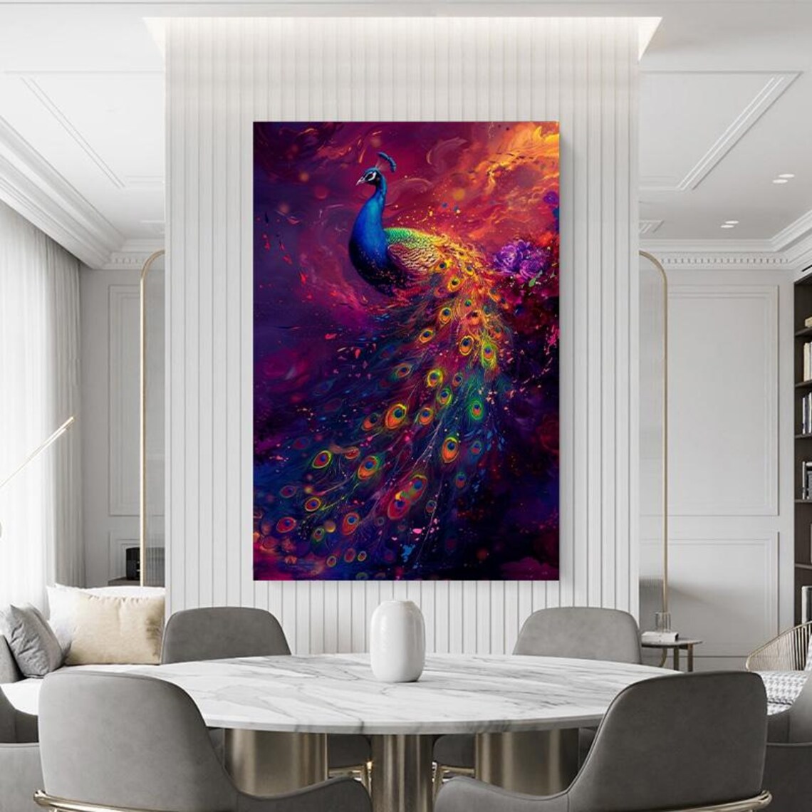 Vibrant Peacock Unfurling Tail Against Magenta Sunset Art Poster - Image 3