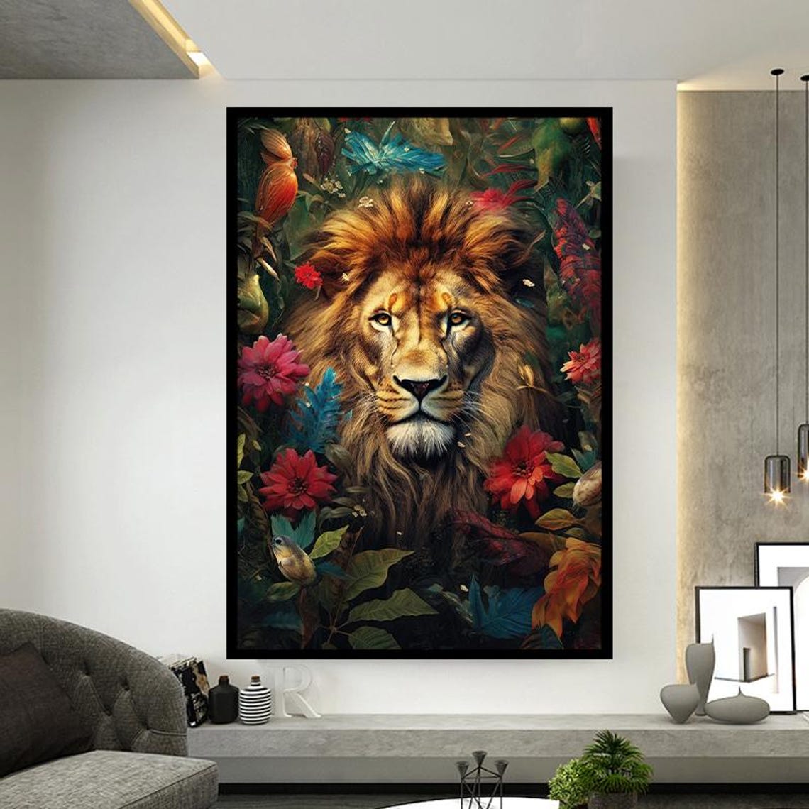 Majestic Lion Surrounded By Colorful Flowers Wildlife Art Poster - Image 2