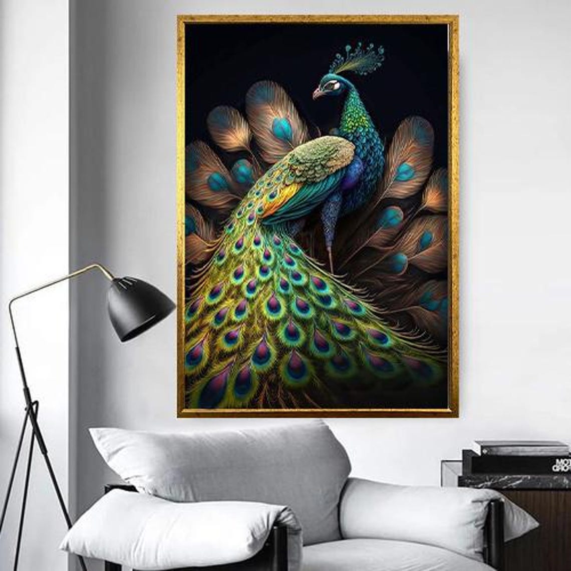 Peacock With Fanned Tail On Black Elegant Luxury Bird Poster - Image 2