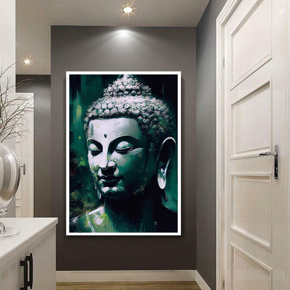 Emerald Green Buddha Face Serene Spiritual Painting Wall Art - Image 3