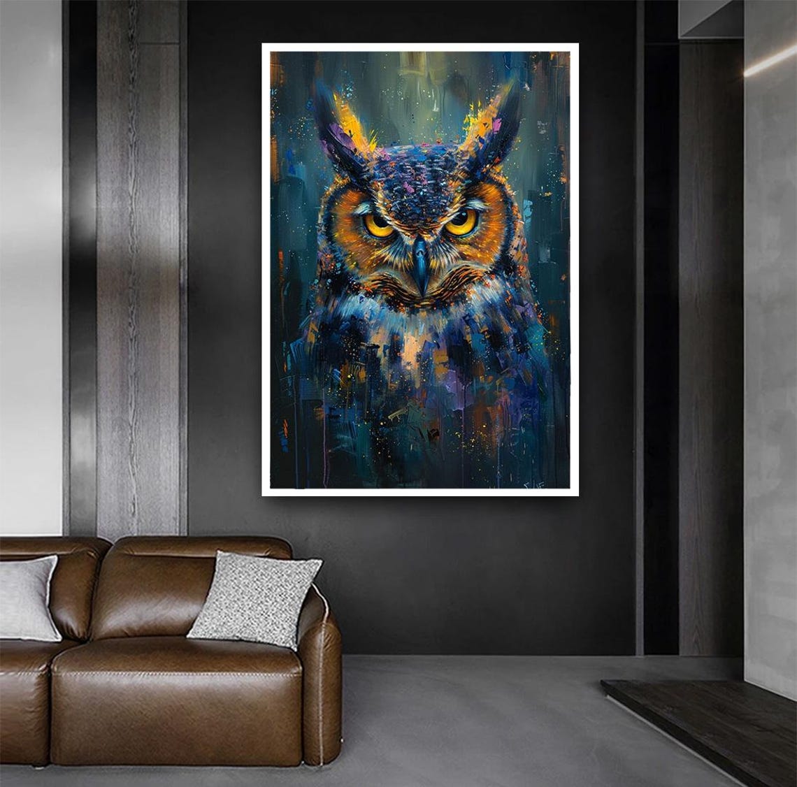 Colorful Abstract Owl With Intense Yellow Eyes Modern Art Poster - Image 4