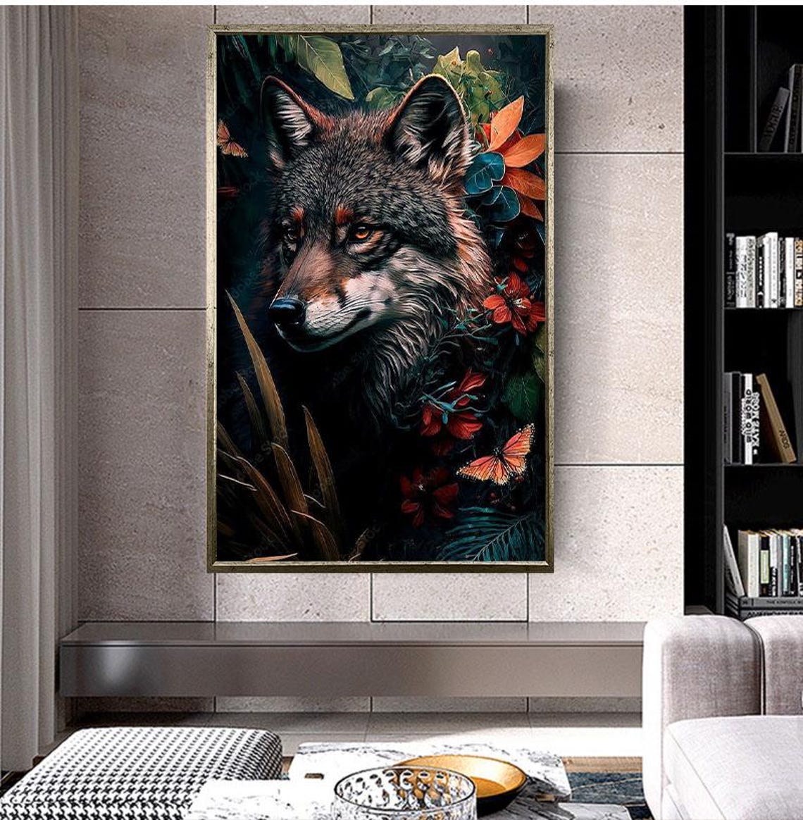 Wolf Portrait Among Dark Flowers And Butterflies Forestcore Poster - Image 4