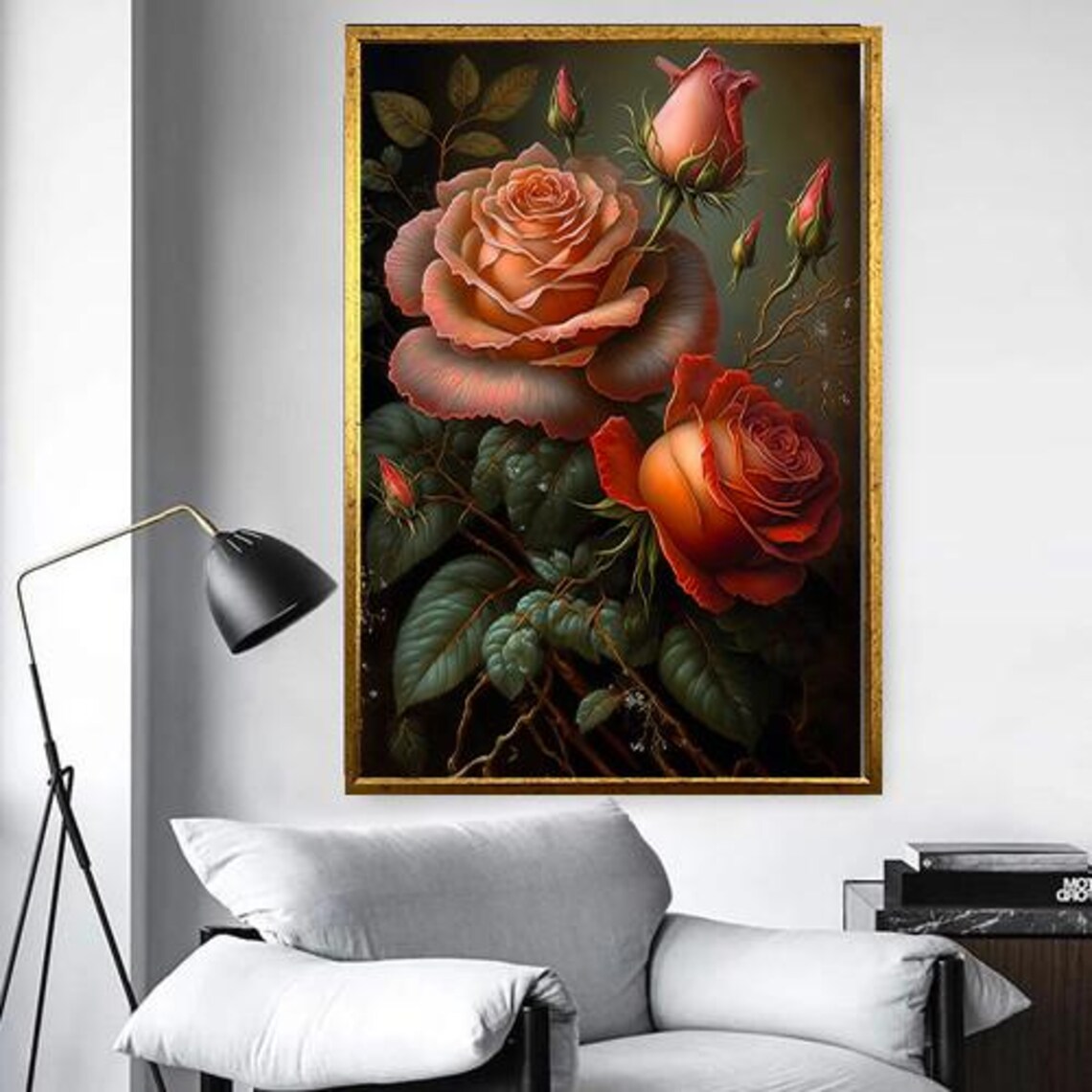 Vintage Peach Rose Blooms With Buds on Moody Dark Background Poster - Image 5