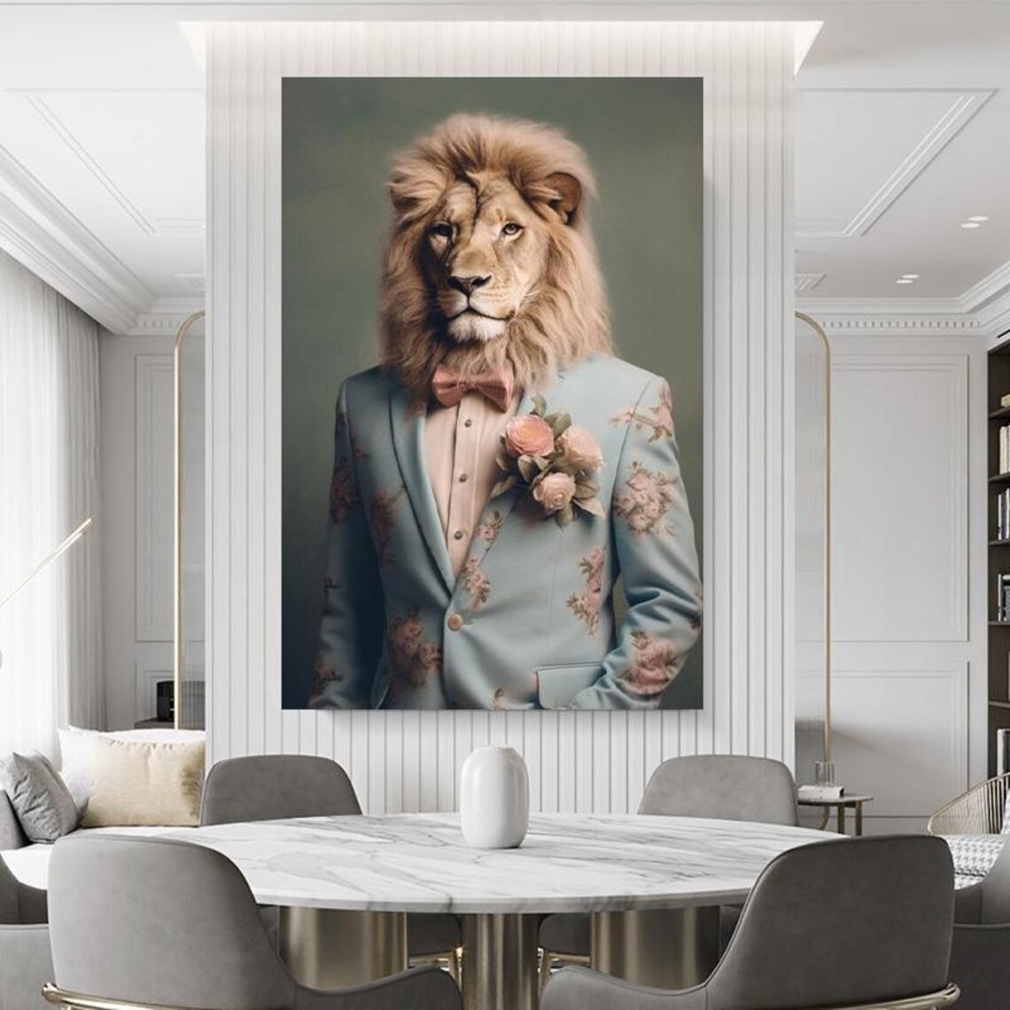 Dapper Lion In Blue Floral Suit With Pink Bow Tie Portrait Poster - Image 4