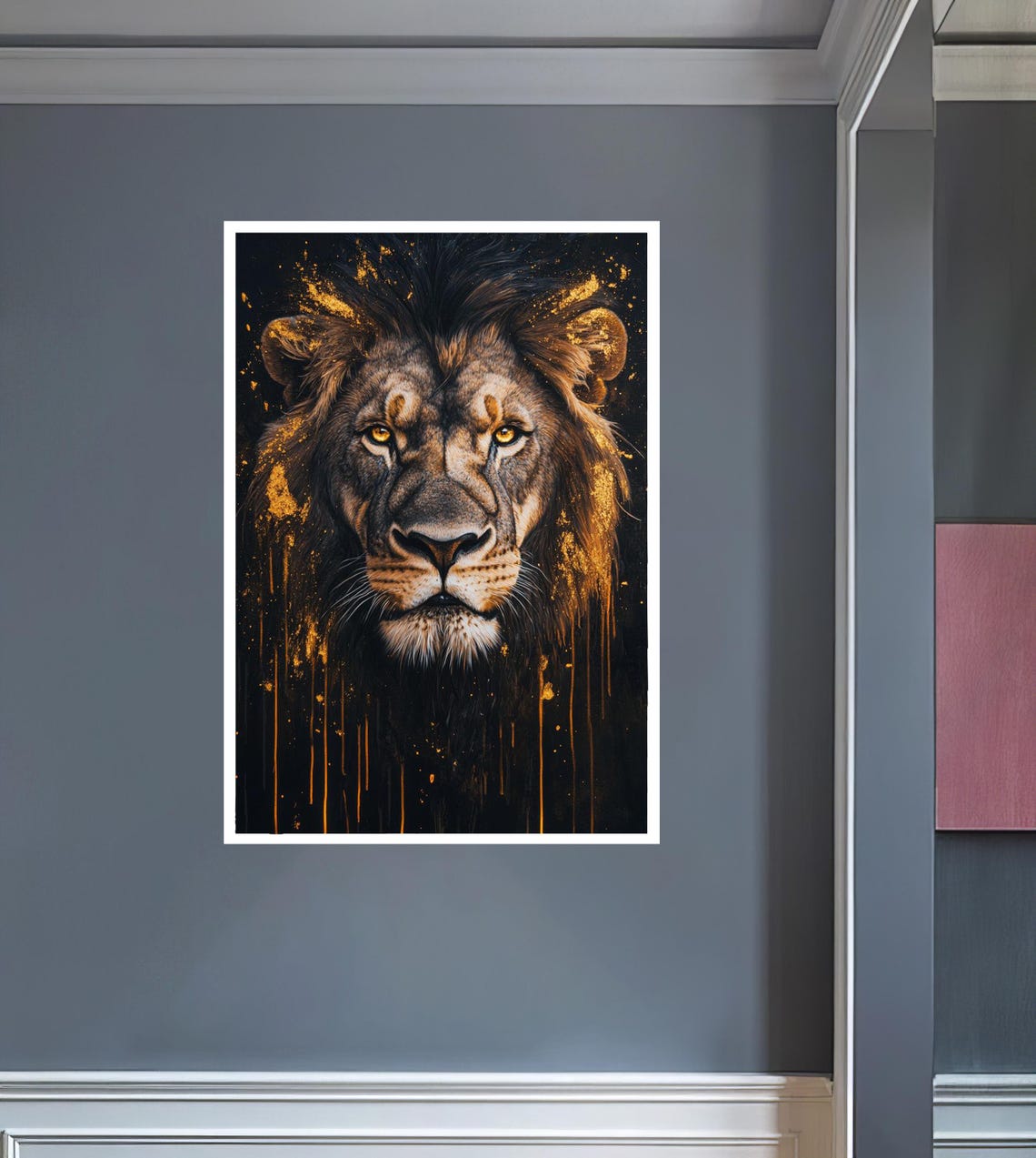 Striking Lion Face With Molten Gold Paint Drips on Black Poster - Image 2