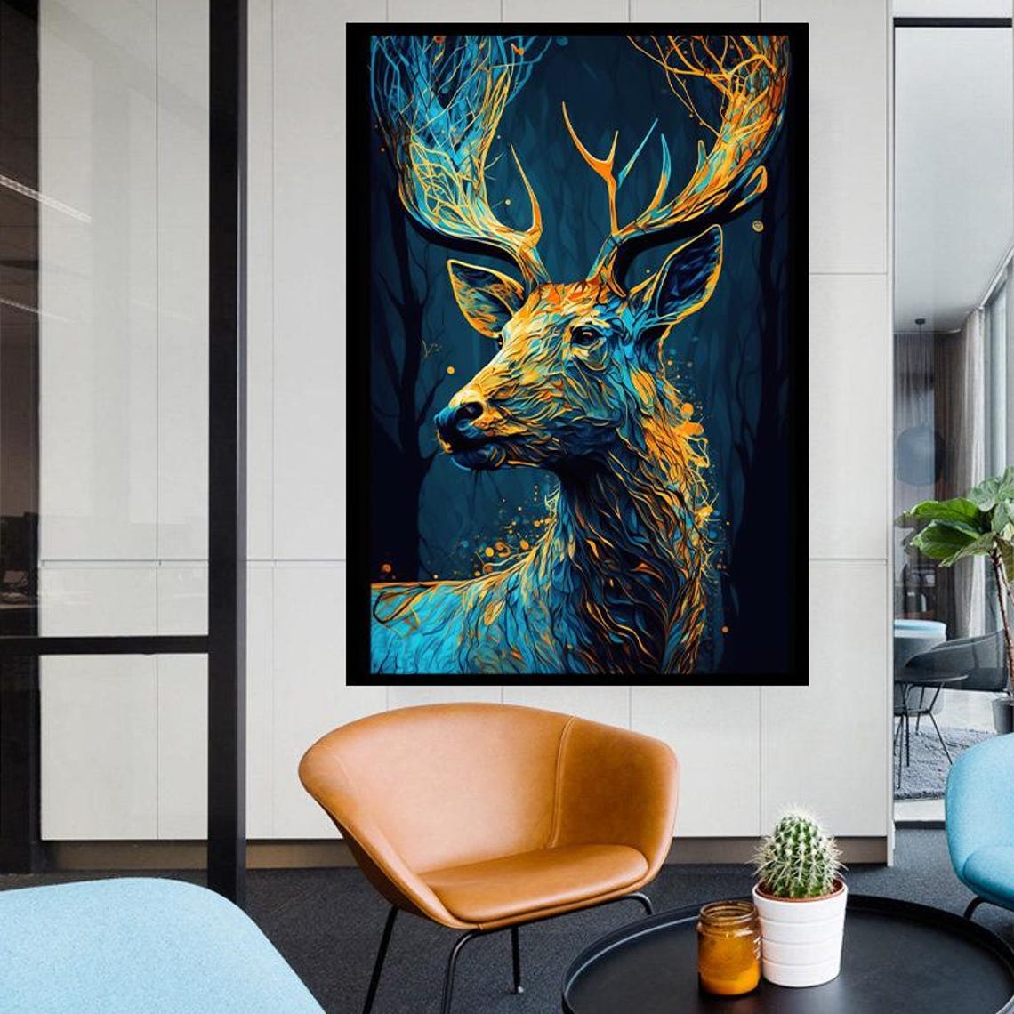 Glowing Blue And Gold Stag Portrait In A Dark Pine Forest Poster - Image 3
