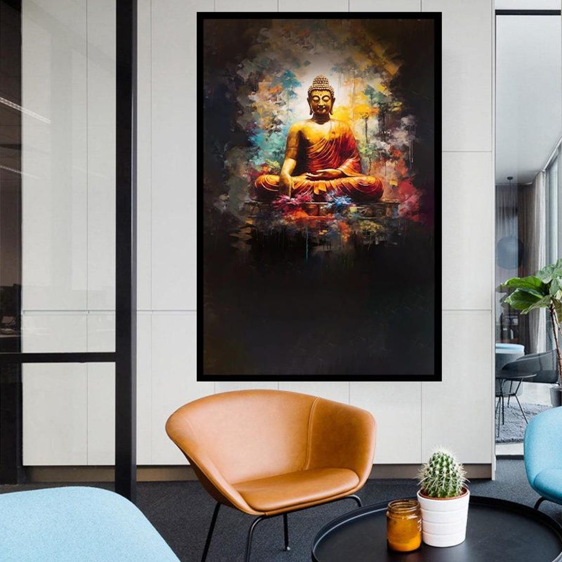 Golden Buddha Meditating On Lotus Flower Dark Background Art Poster - Image 4