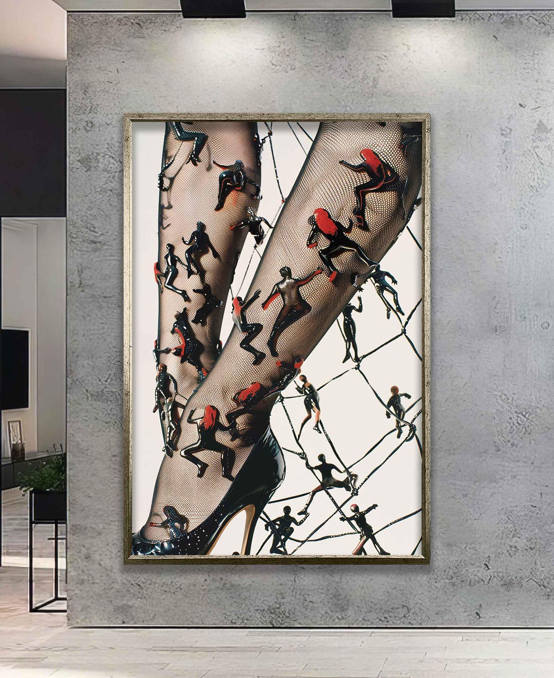 Tiny Figures Climbing Fishnet Stiletto Legs Surreal Art Poster - Image 5