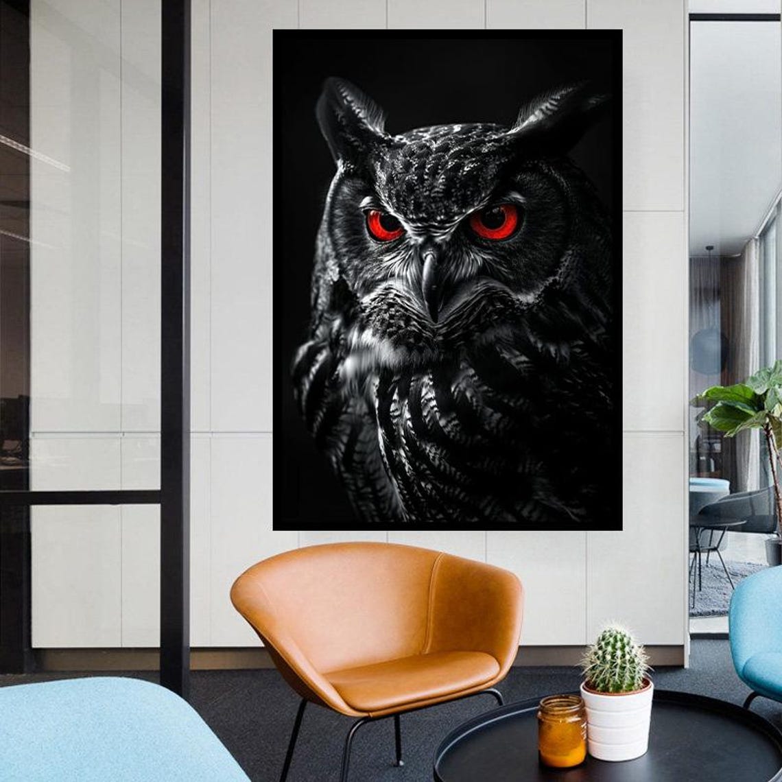 Black Owl With Piercing Red Eyes Dark Dramatic Wildlife Print - Image 5