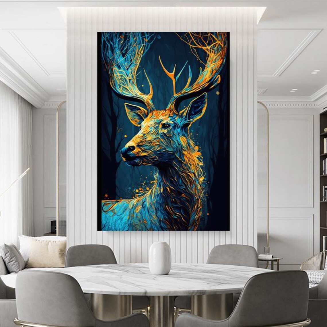 Glowing Blue And Gold Stag Portrait In A Dark Pine Forest Poster - Image 4
