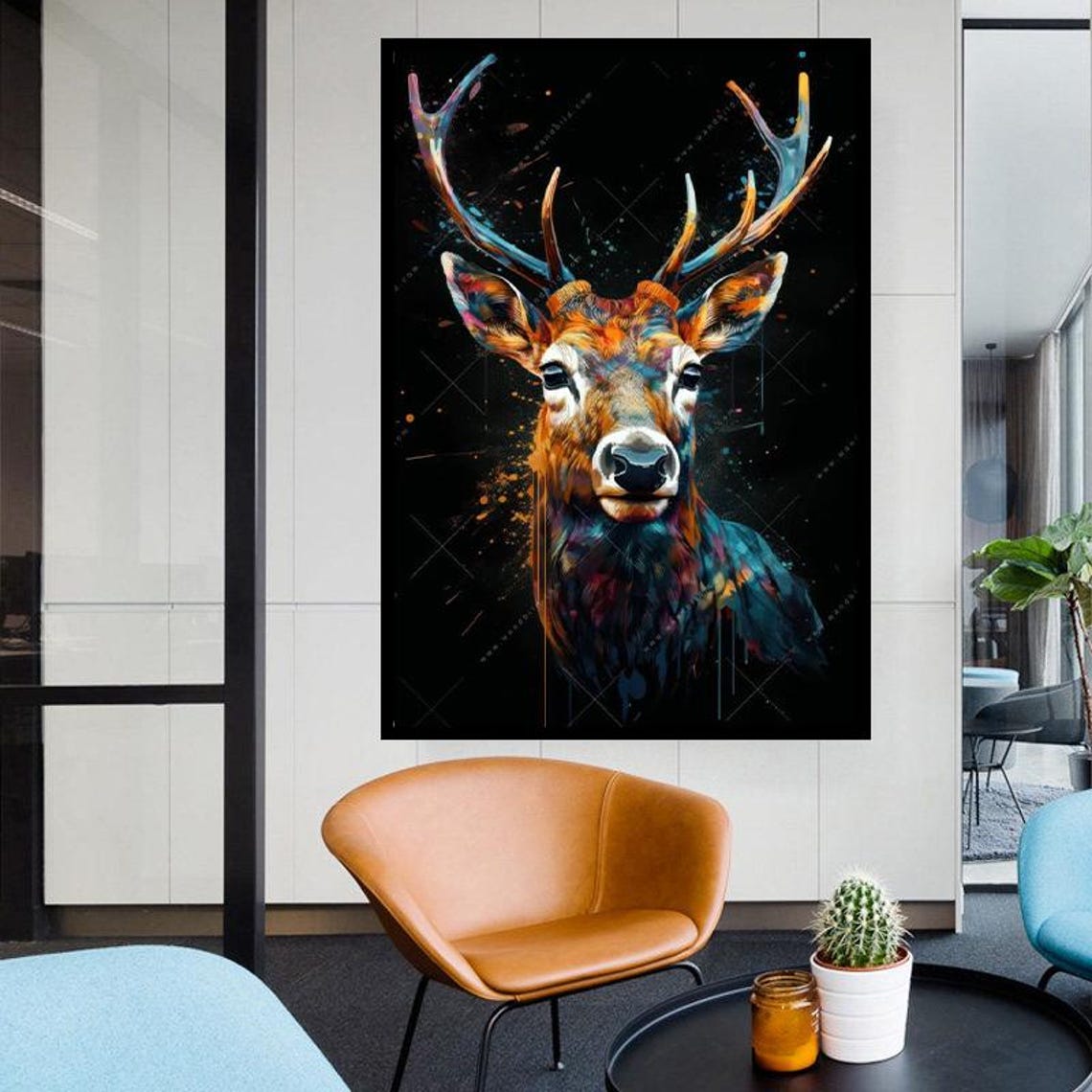 Majestic Stag With Antlers Paint Splash Art On Black Background Poster - Image 4