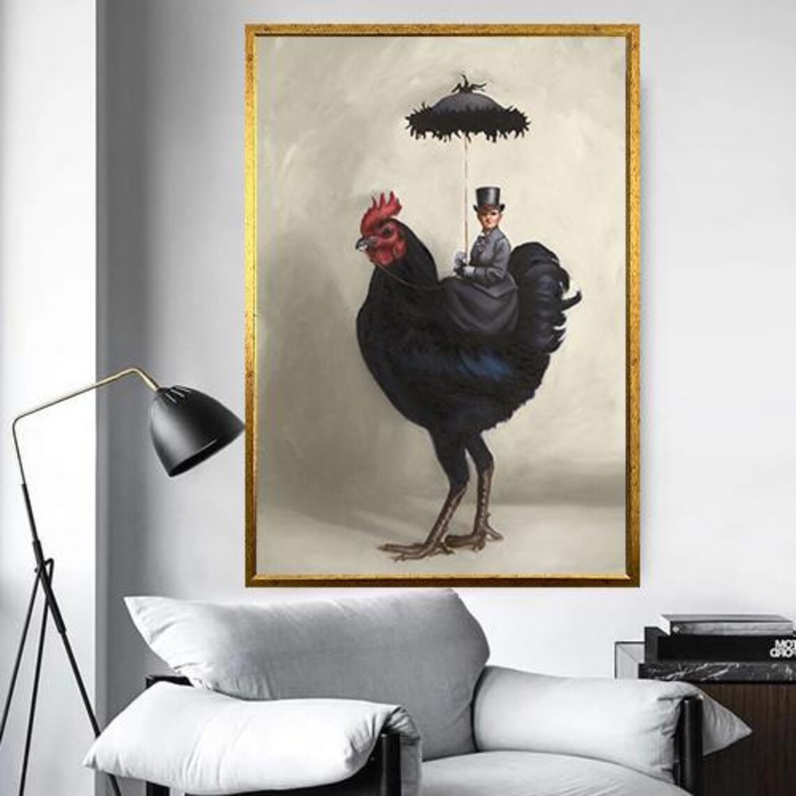 Victorian Woman Calmly Riding a Giant Black Rooster Art Poster - Image 5