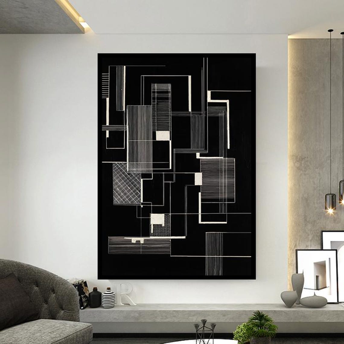White Architectural Line Drawing on Black Geometric Art Poster - Image 2