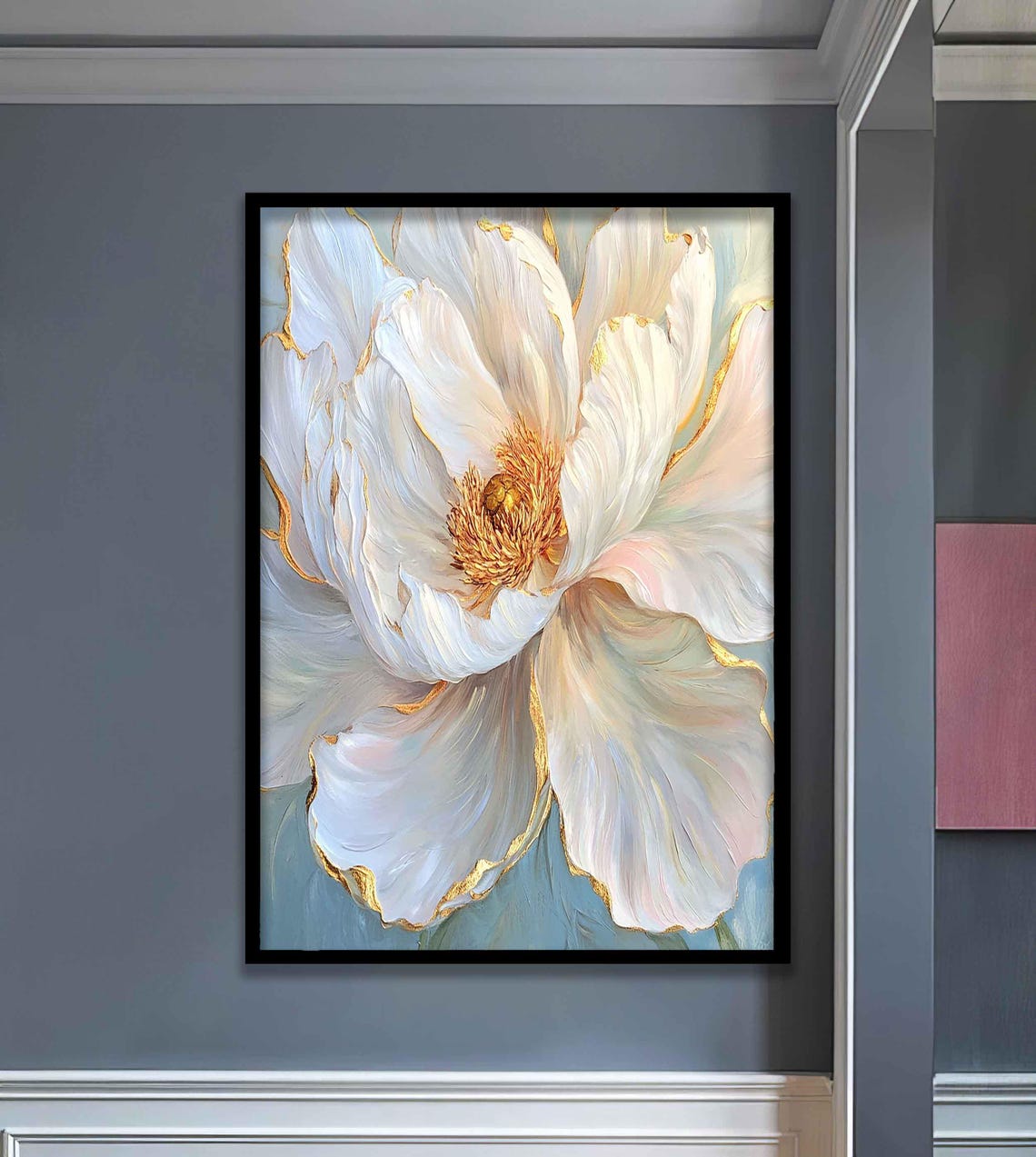 White Peony Blossom with Gold Edges Elegant Floral Art Poster - Image 3