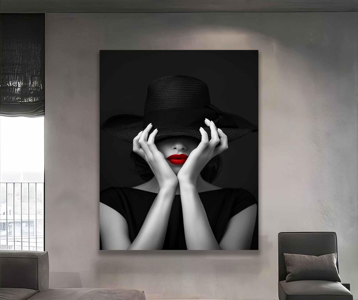 Mysterious Woman in Black Hat with Red Lips Fashion Art Poster - Image 3