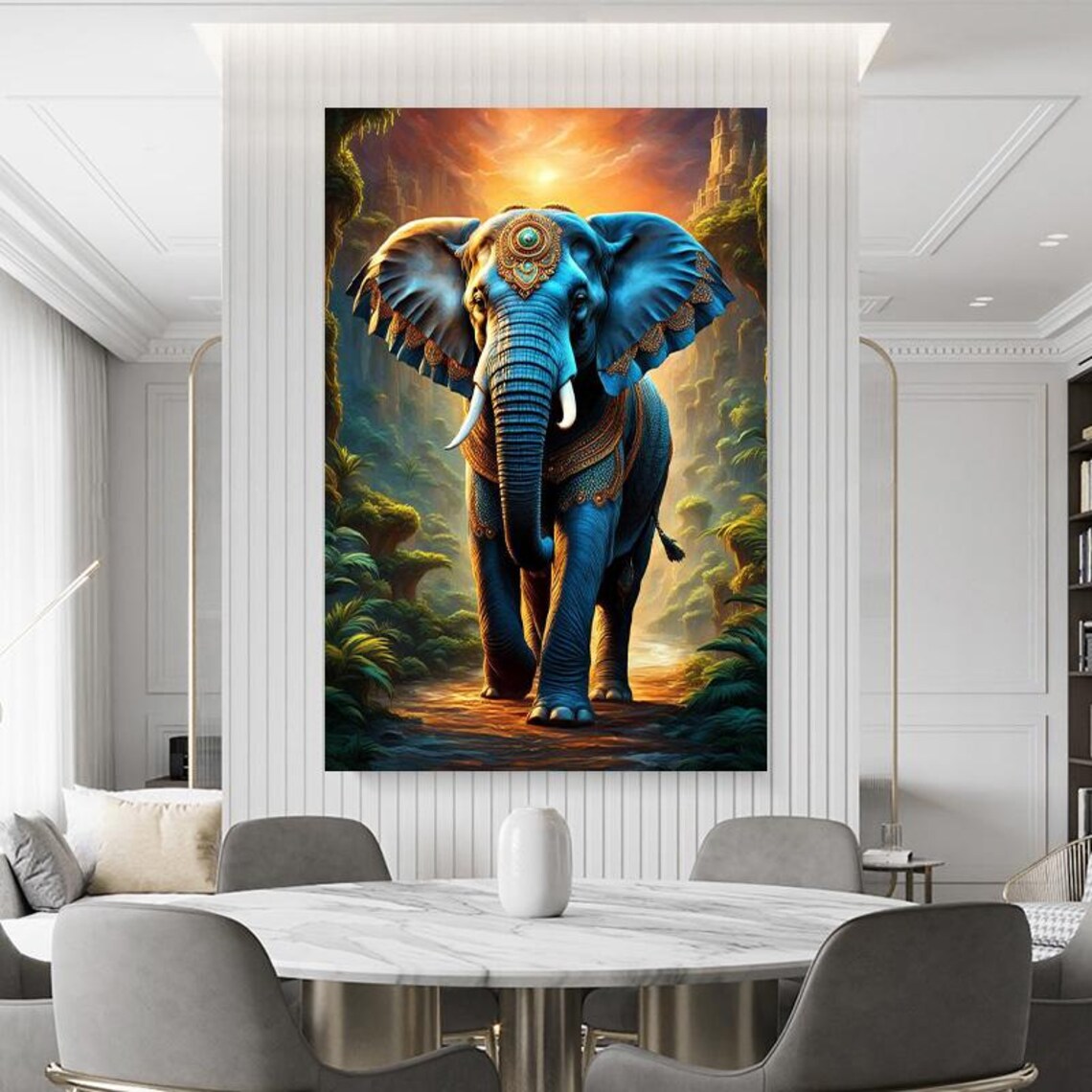 Blue Temple Elephant With Jeweled Crown Fantasy Jungle Sunset Poster - Image 3