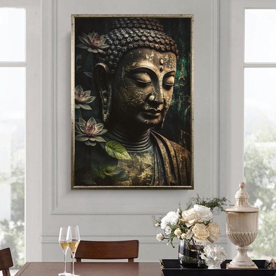 Golden Buddha With Lotus Flowers On Deep Dark Botanical Wall Art
