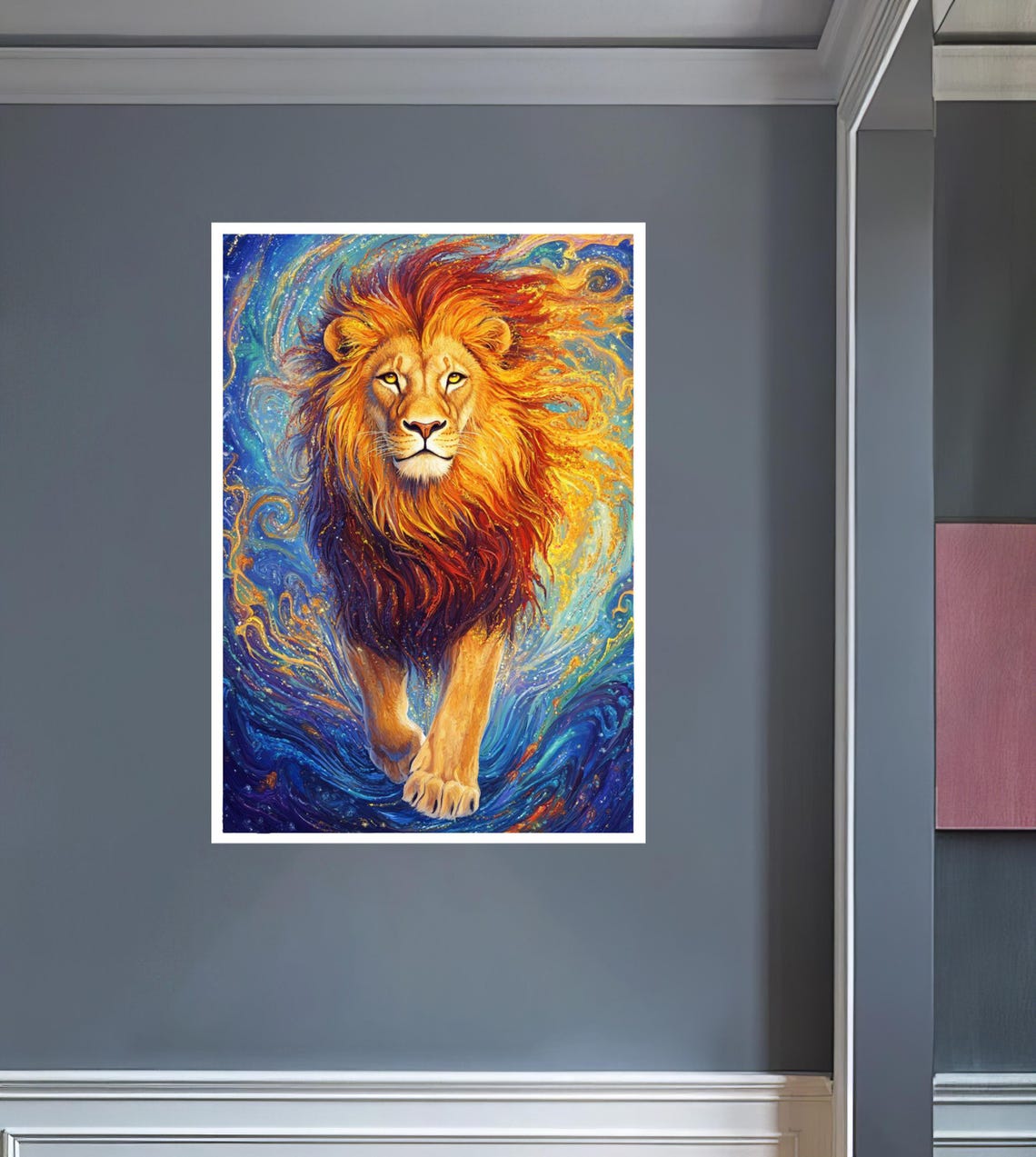 Lion Striding Forward From Swirling Blue and Gold Waves Art Poster - Image 2