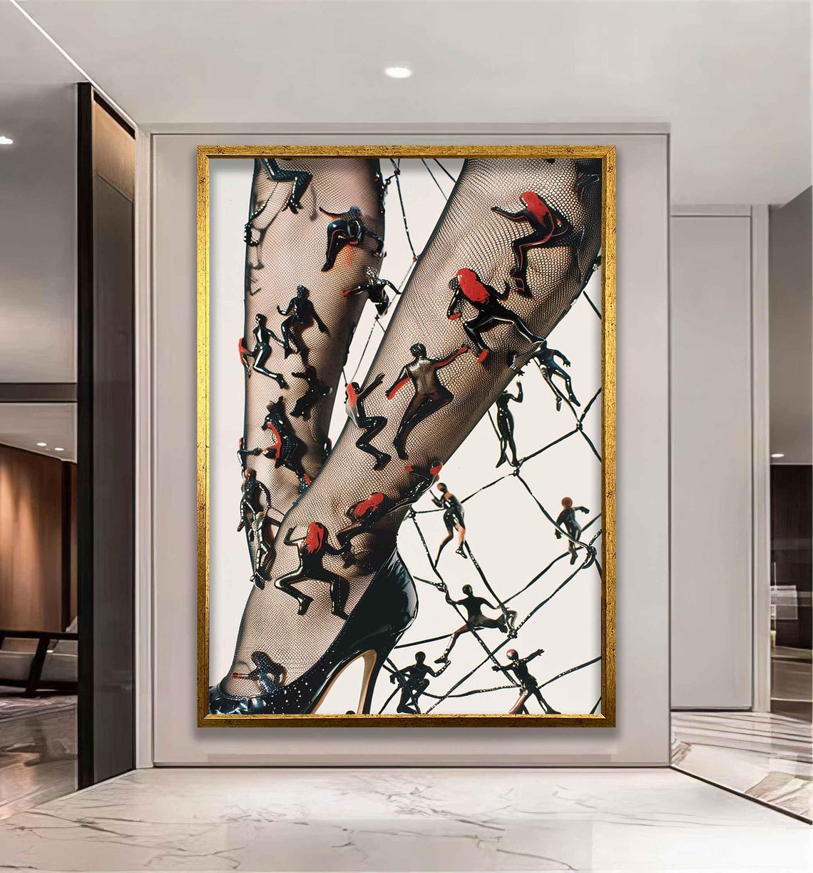 Tiny Figures Climbing Fishnet Stiletto Legs Surreal Art Poster - Image 2