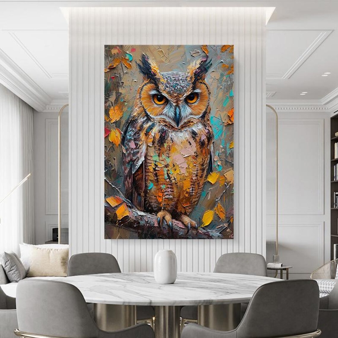 Impasto Owl Among Autumn Leaves Textured Oil Painting Bird Poster - Image 4