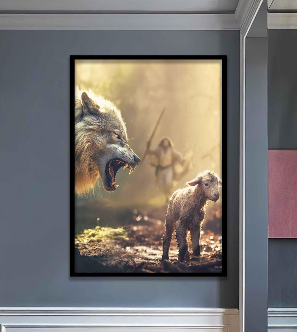 Wolf Facing Gentle Lamb With Shepherd Christian Symbolism Art Poster - Image 5