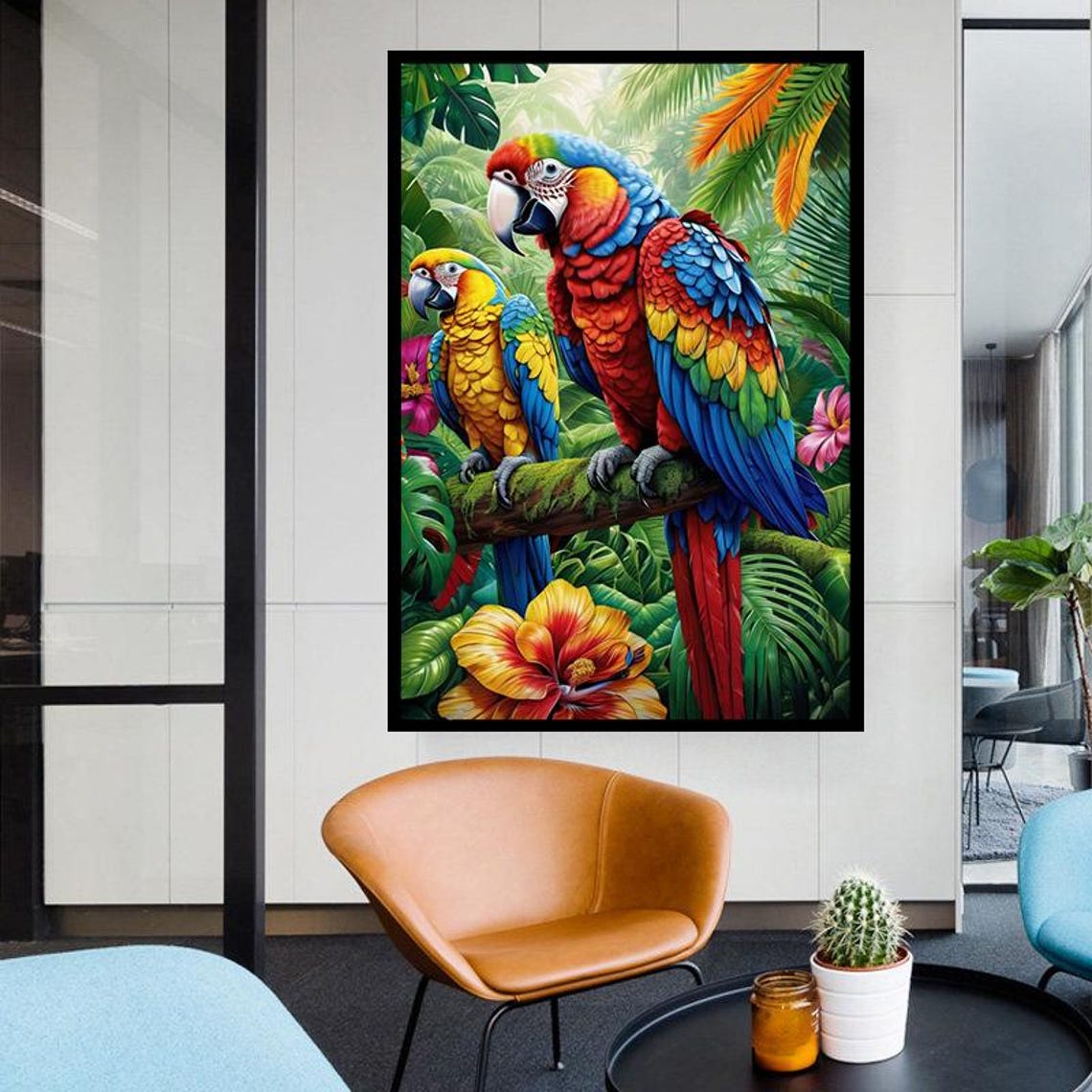 Scarlet Macaw Pair Perched On Branch Tropical Jungle Parrot Art Poster - Image 2