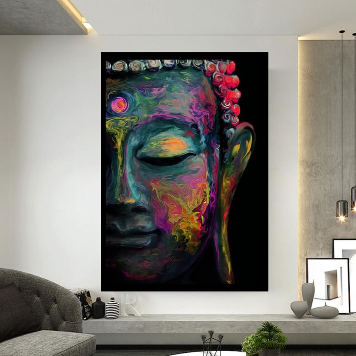 Vibrant Neon Buddha Face Colorful Abstract Spiritual Wall Art - Image 4
