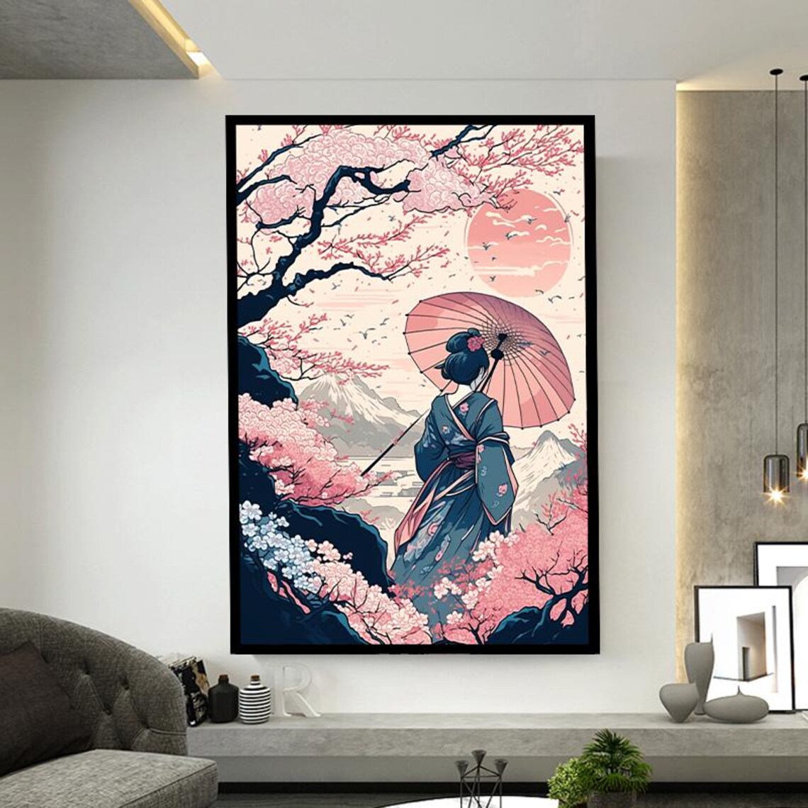 Geisha With Parasol Among Cherry Blossoms Mount Fuji Japan Art Poster - Image 3