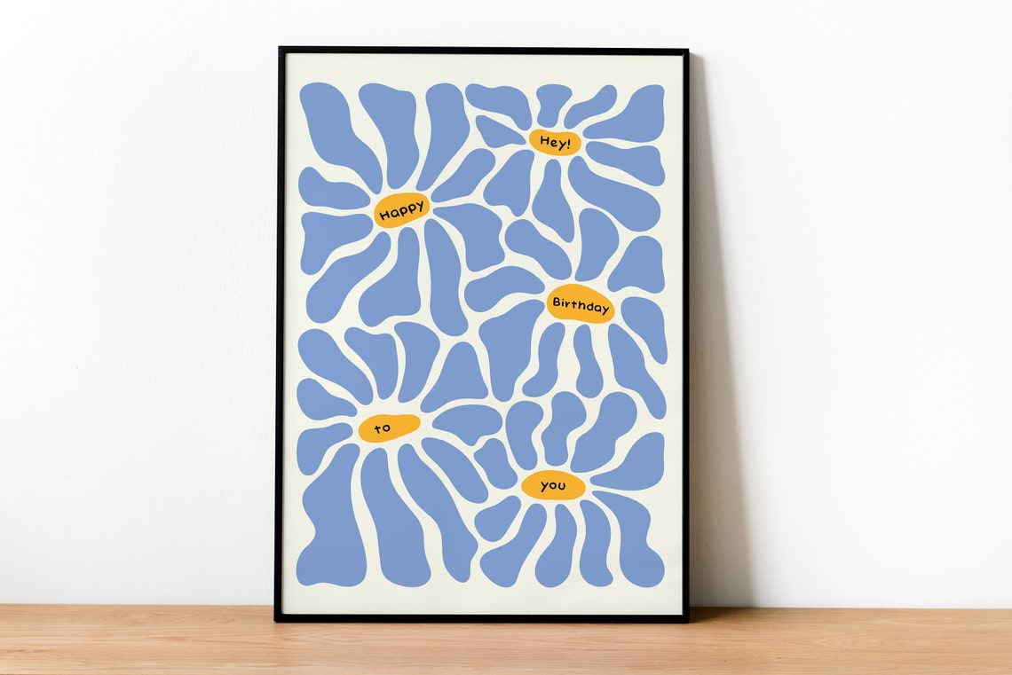 Matisse-Style Blue Abstract Flowers Happy Birthday Celebration Poster