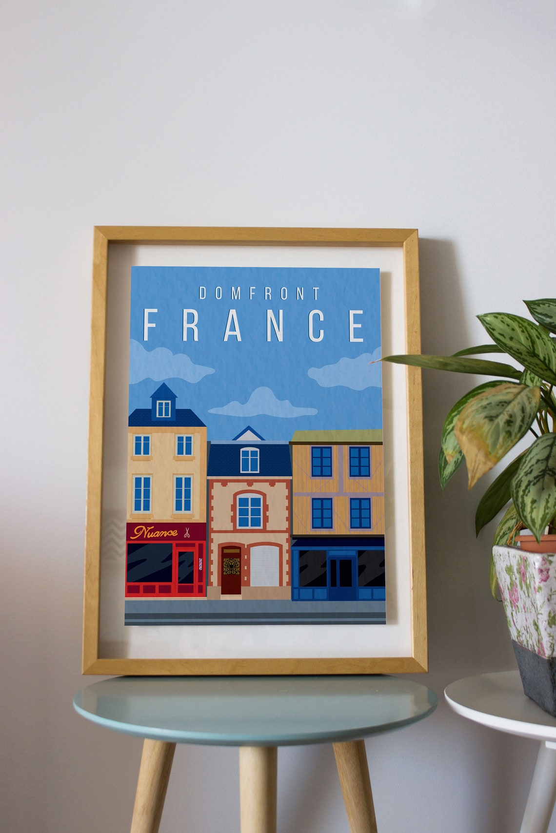 Domfront France Charming Town Shops Vintage Retro Travel Poster