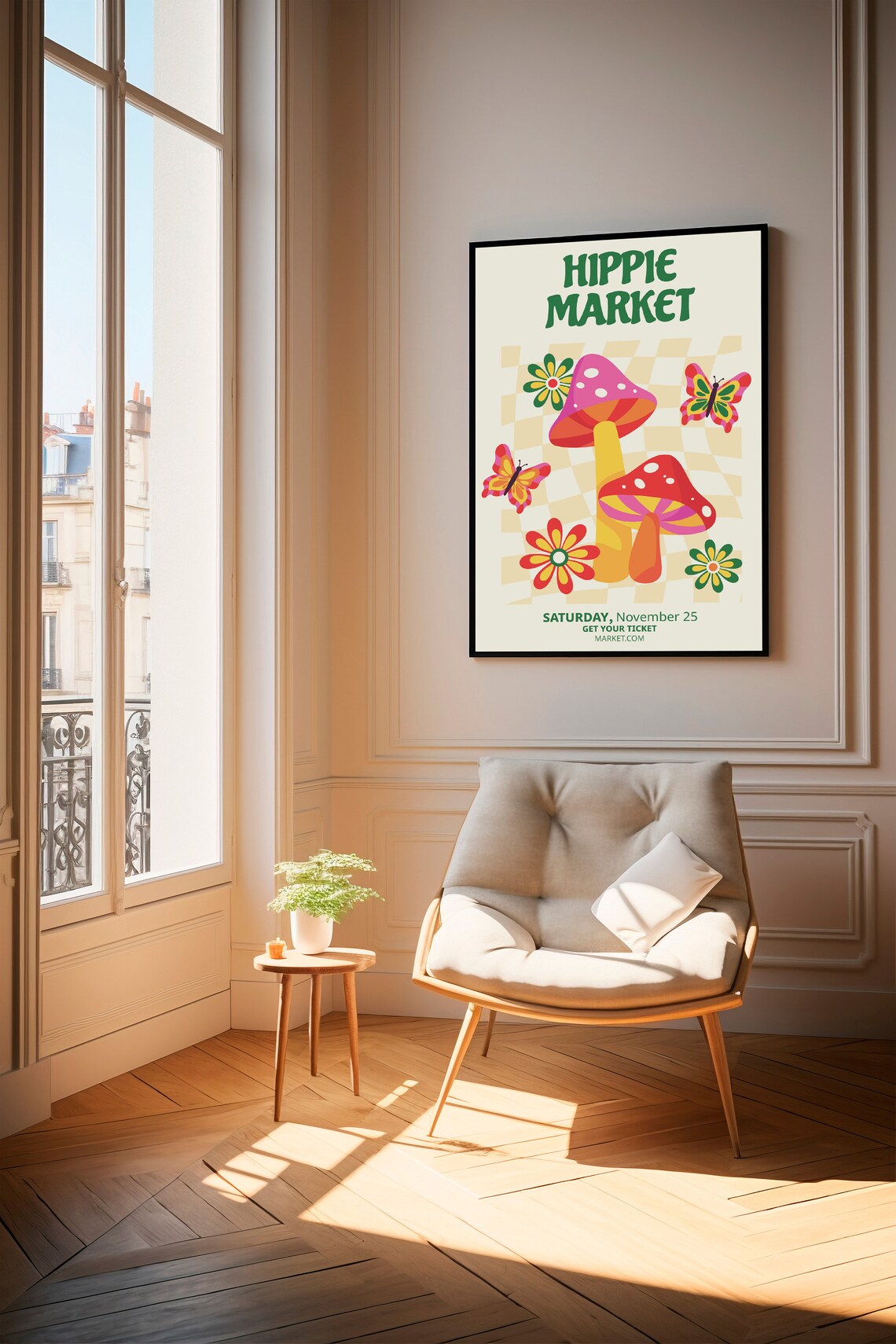Hippie Market Mushroom Butterfly 70s Retro Festival Art Poster - Image 2