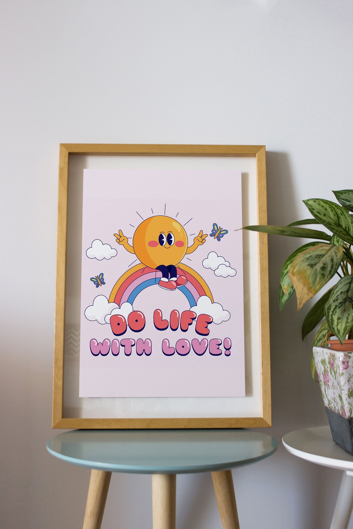 Do Life With Love Retro Sun Rainbow Cartoon Quote Wall Poster