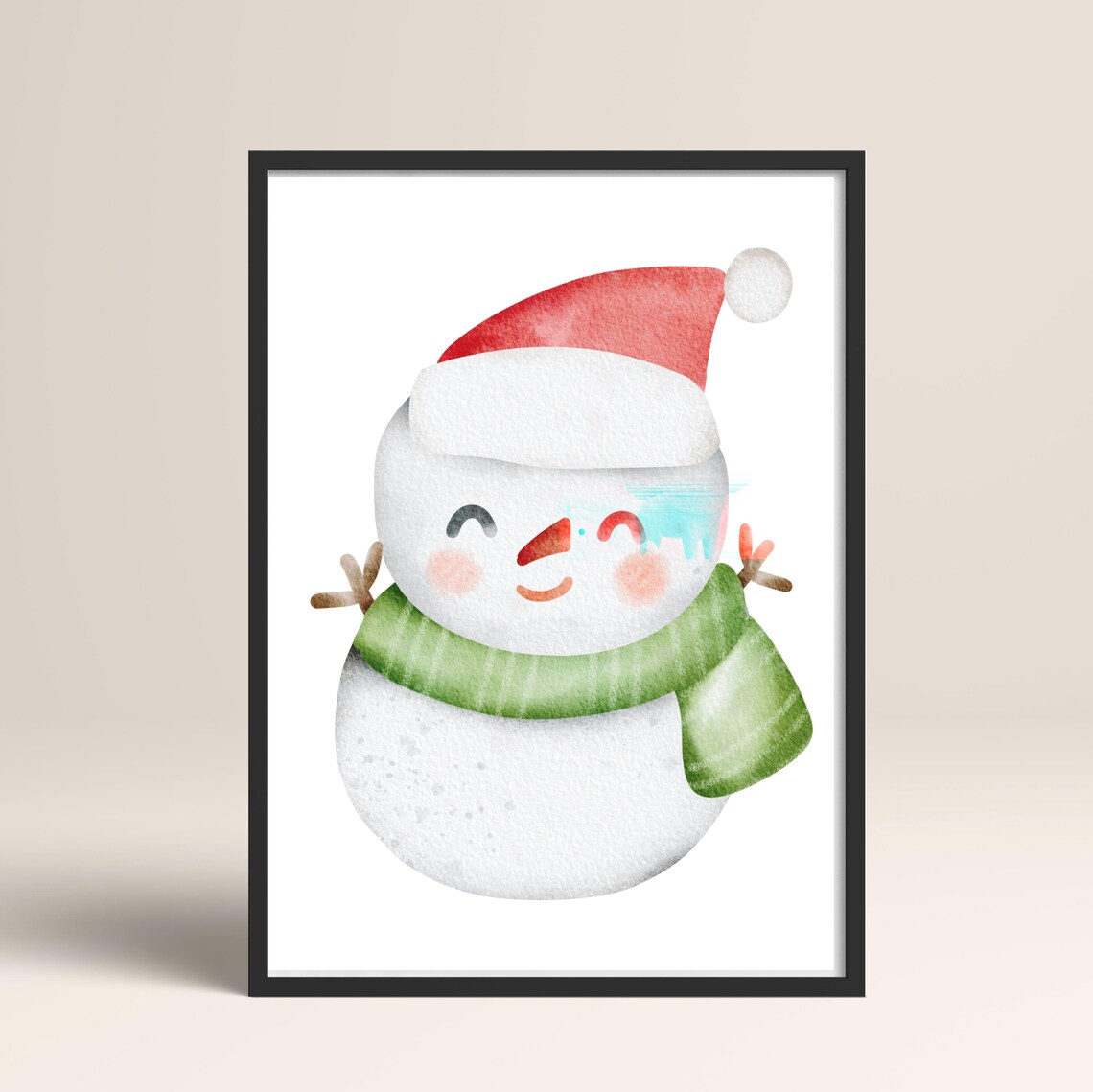Cute Watercolor Snowman In Santa Hat And Green Scarf Christmas Poster