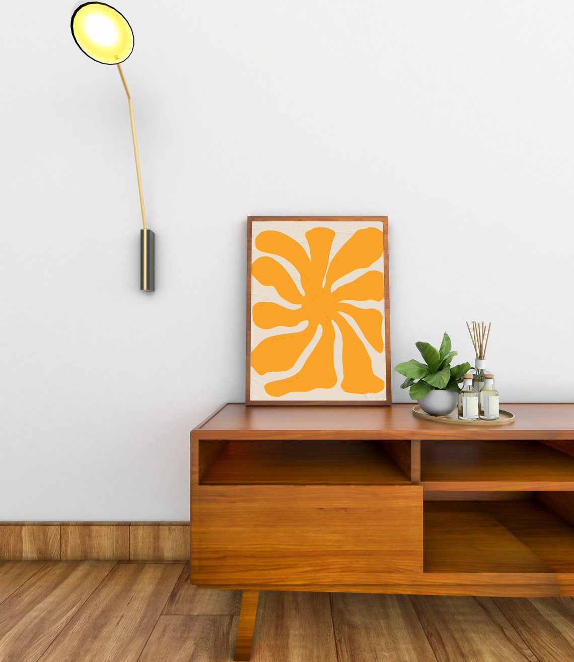 Mustard Orange Abstract Swirl Flower Poster on Cream Backdrop - Image 2