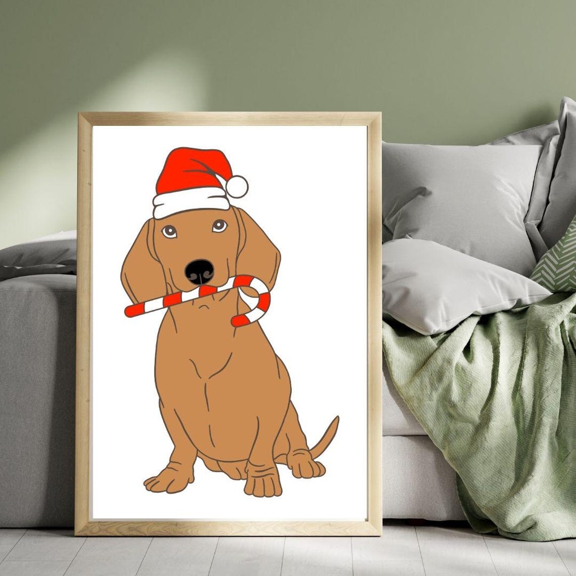Cute Dachshund In Santa Hat Holding Candy Cane Christmas Print - Image 3