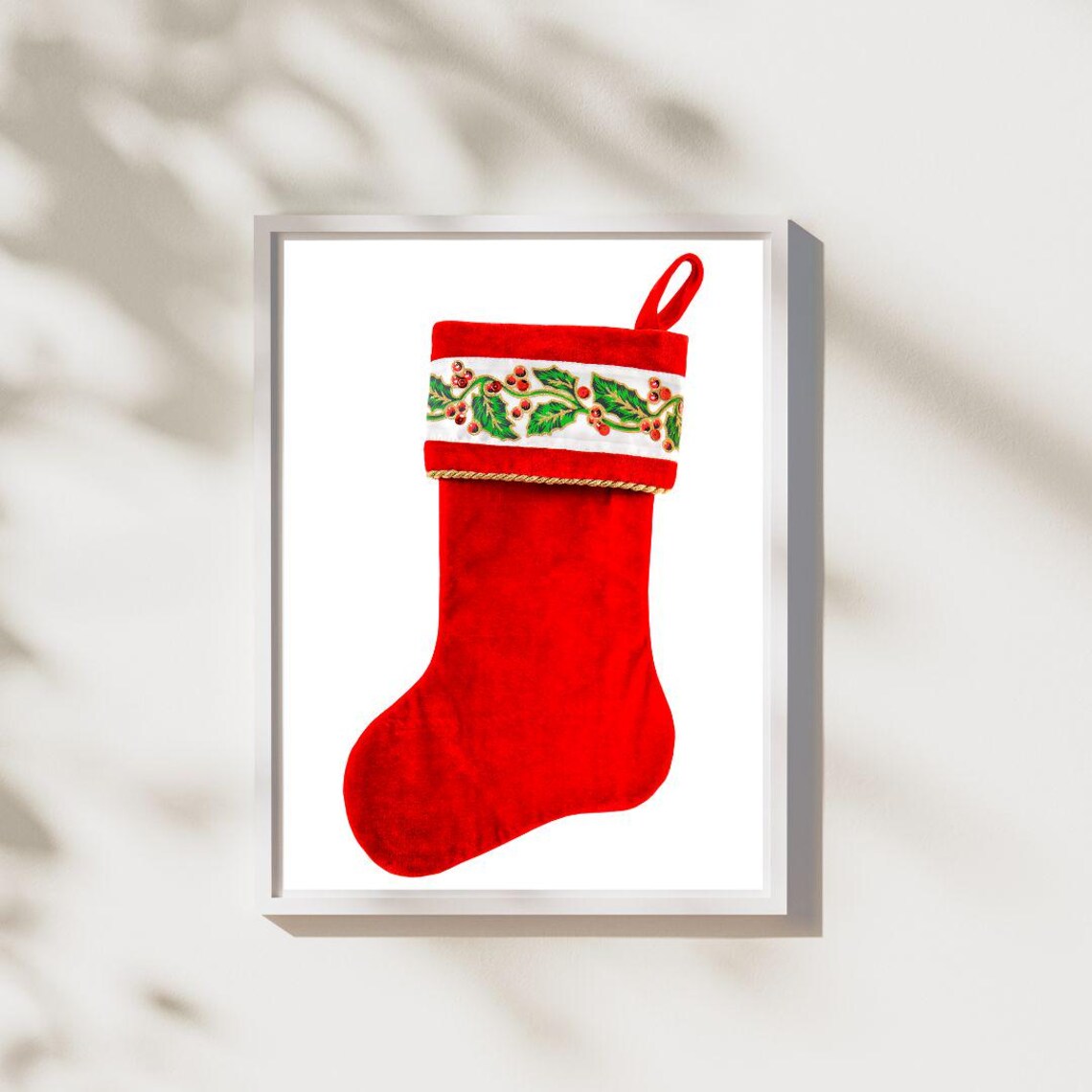 Classic Red Velvet Christmas Stocking With Holly Embroidered Cuff Print - Image 2