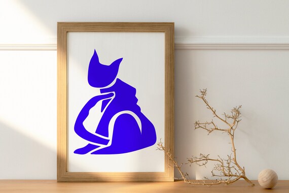 Blue Abstract Cat Silhouette Poster in Bold Cutout Style Art