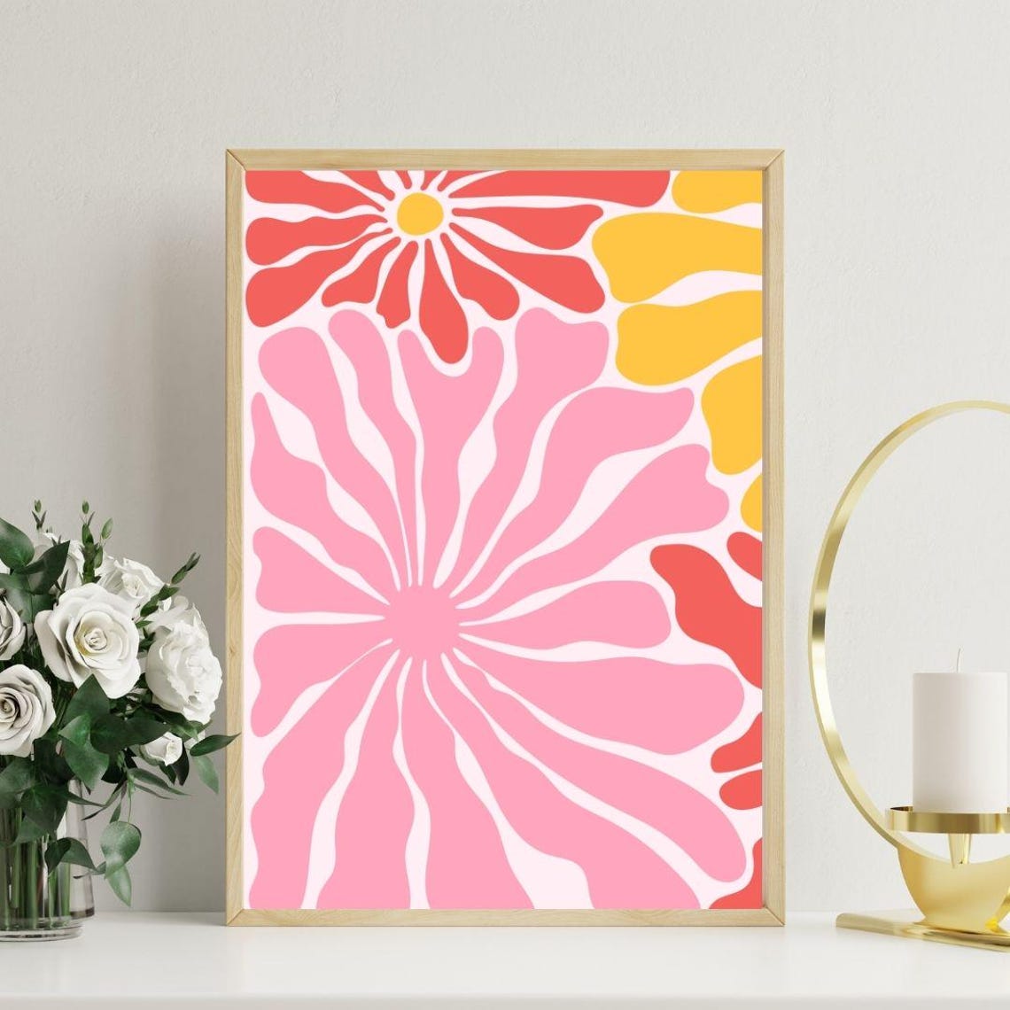 Matisse Style Pink Sunburst Flower Coral Retro Botanical Art Print - Image 3