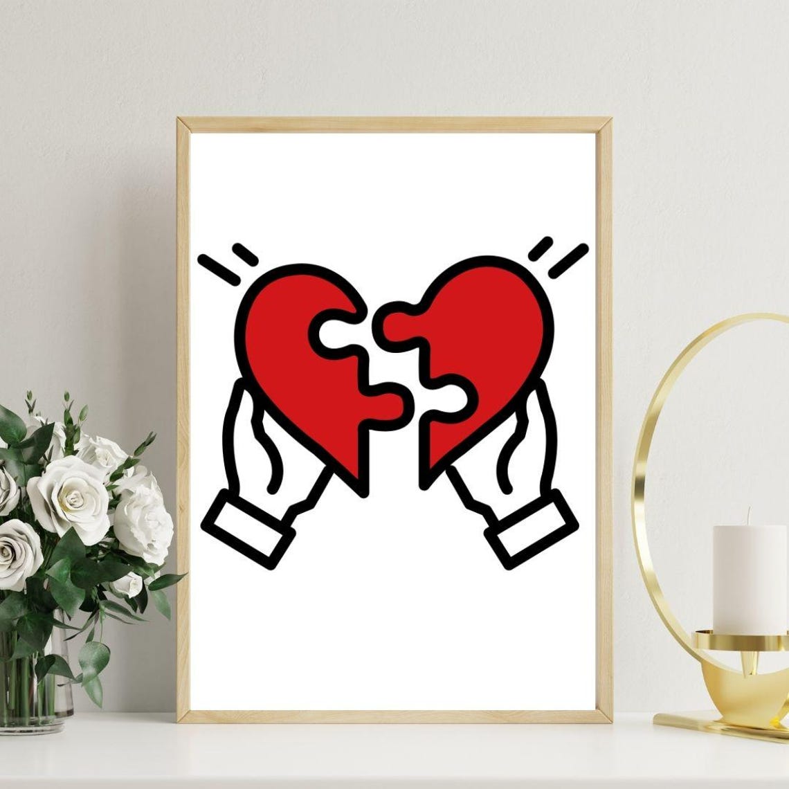 Keith Haring Style Hands Holding Puzzle Heart Romantic Pop Art Poster - Image 2