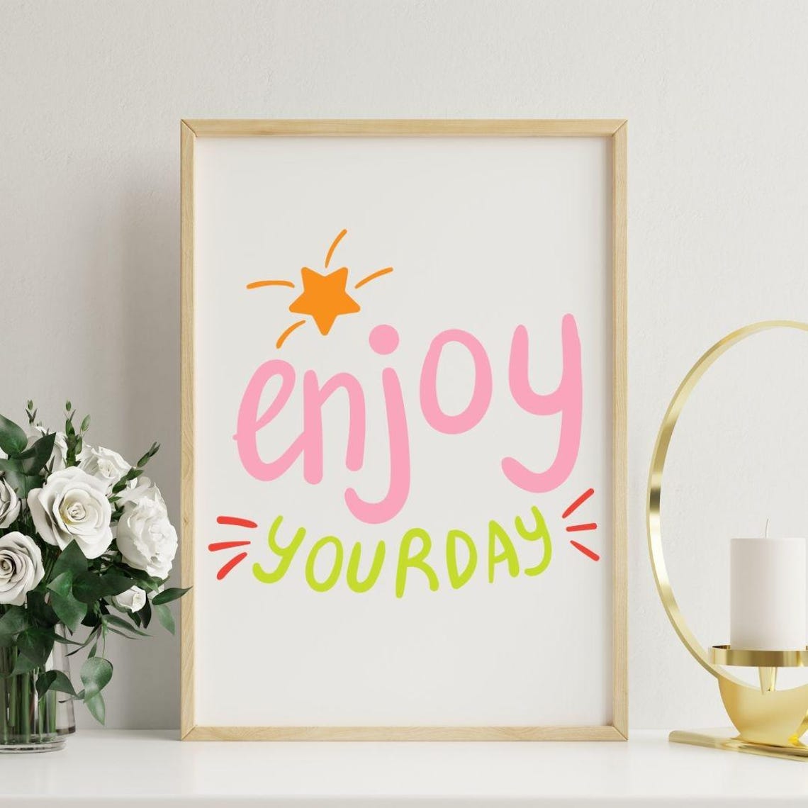 Enjoy Your Day Playful Star Pastel Typography Quote Wall Art