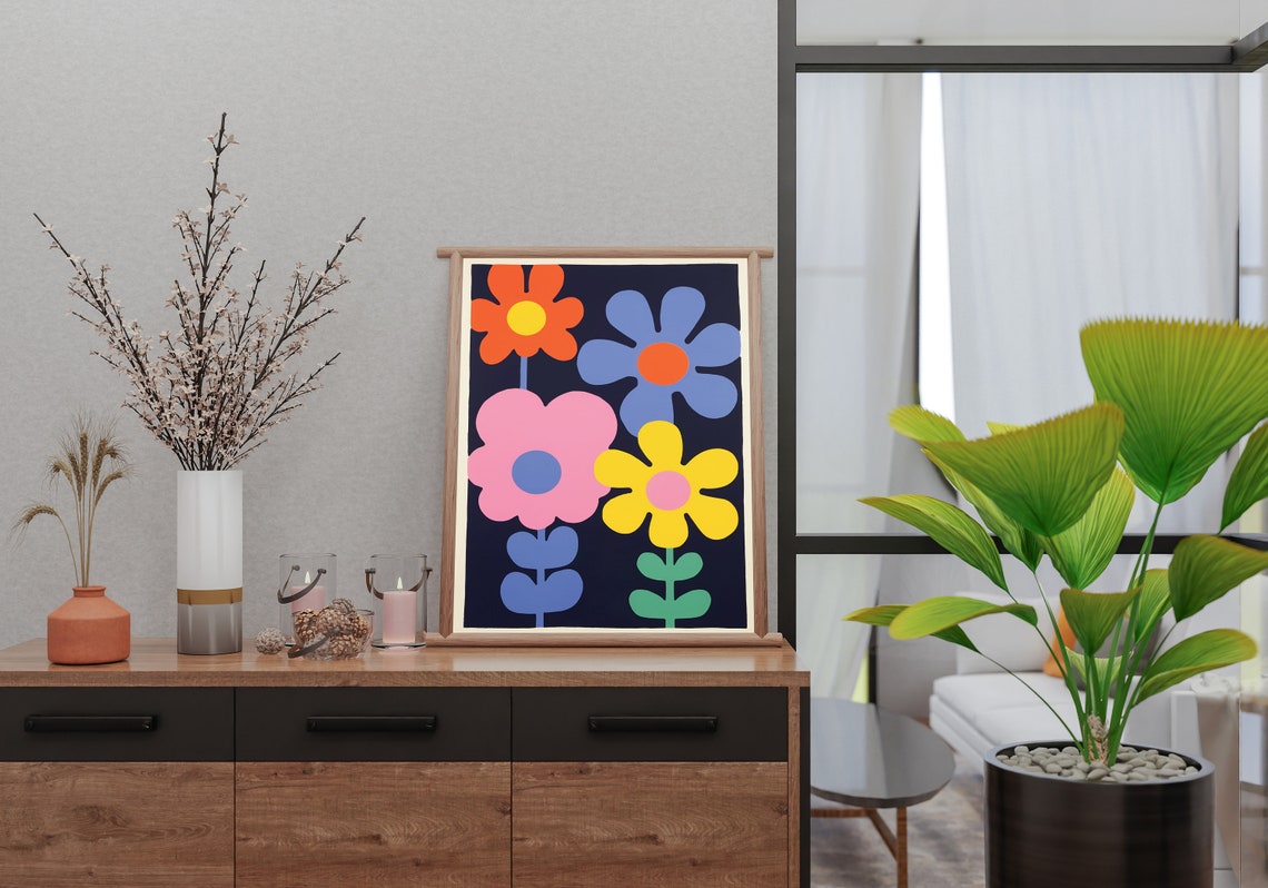 Bold Colorful Retro Flower Blocks Navy Blue Modern Graphic Art Print