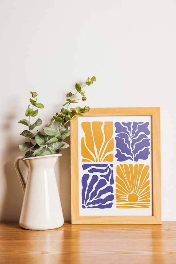 Mid Century Abstract Four Panel Sun Botanical Ochre Wall Poster