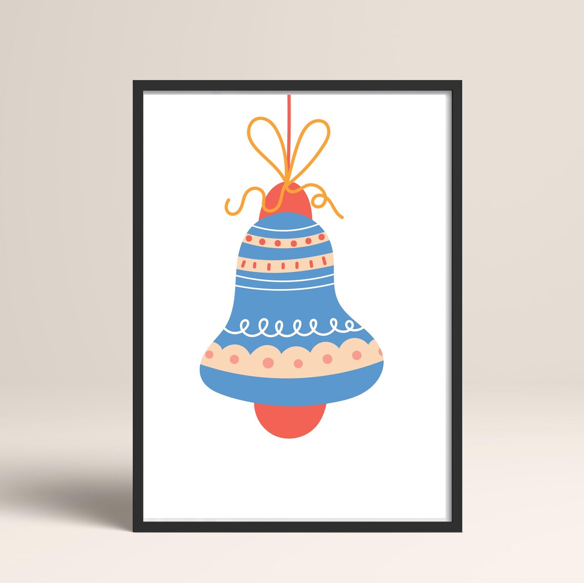 Blue Illustrated Christmas Bell Ornament With Yellow Ribbon Poster