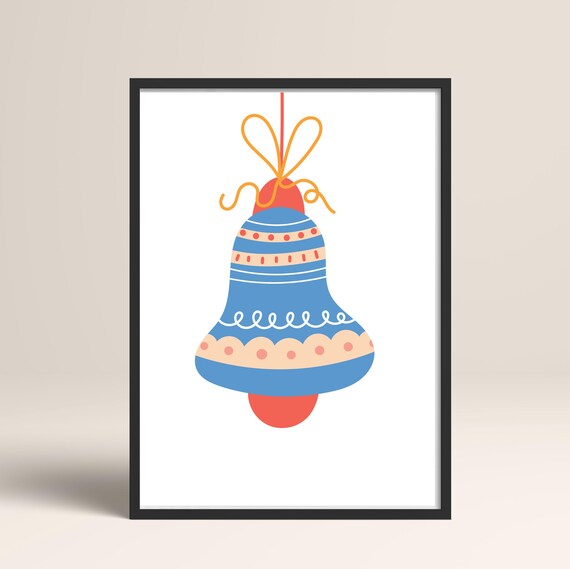 Blue Illustrated Christmas Bell Ornament With Yellow Ribbon Poster