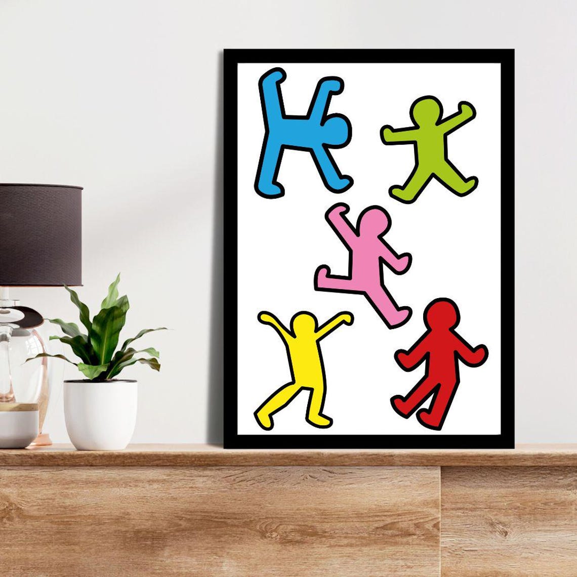 Keith Haring Style Five Colorful Dancing Figures Joyful Pop Art Poster