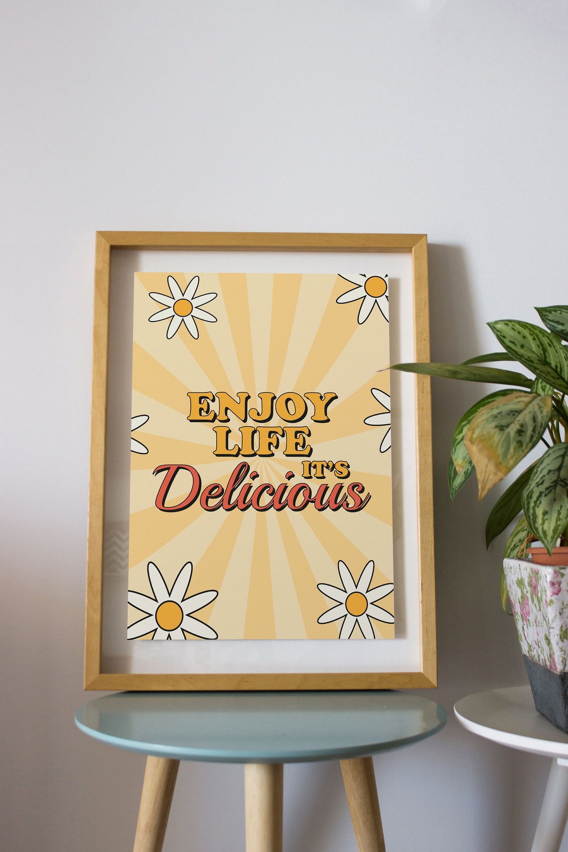Enjoy Life Its Delicious Retro Daisy Sunburst Quote Wall Poster - Image 2