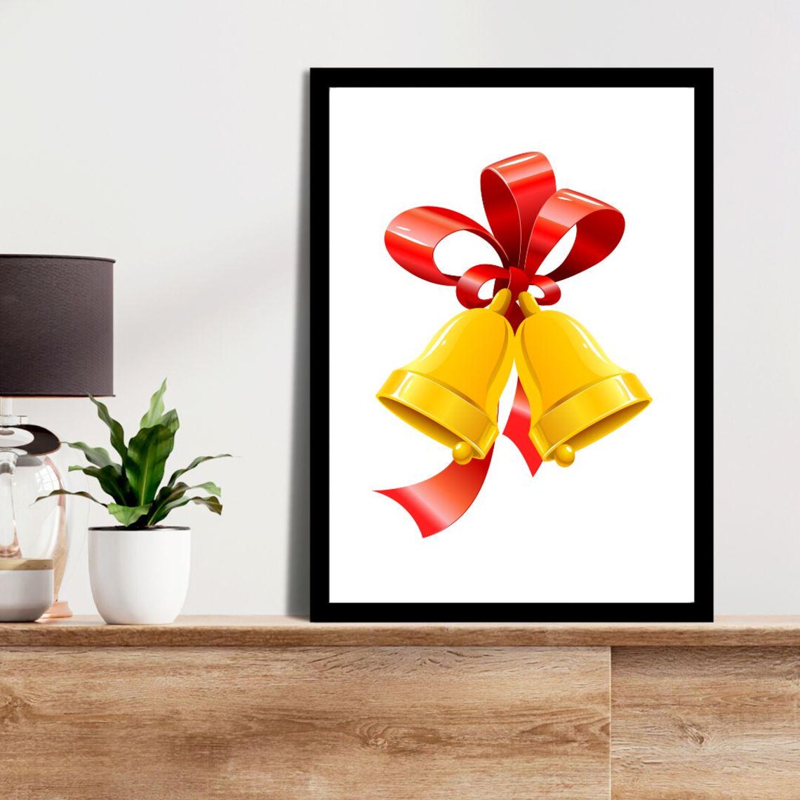 Golden Christmas Bells With Red Ribbon Bow Glossy Illustration Poster - Image 3