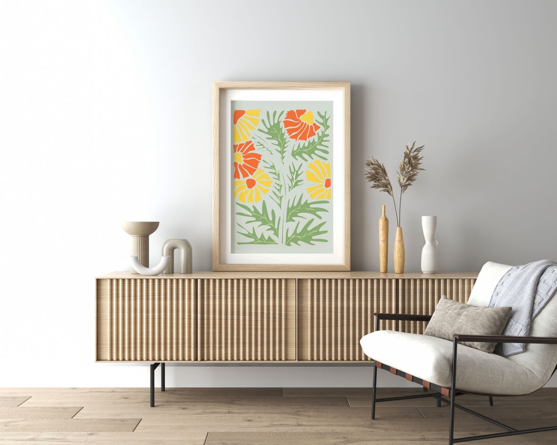 Green and Orange Abstract Floral Poster with Leafy Green Stems - Image 2